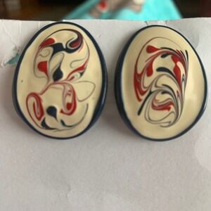 Vintage Style Oval Marbled Swirl Stud Earrings Navy Blue‎ Red Cream Abstract Art